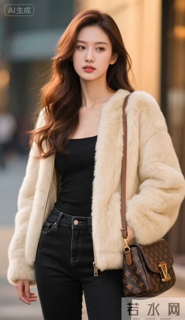 穿白色毛皮夹克的美女