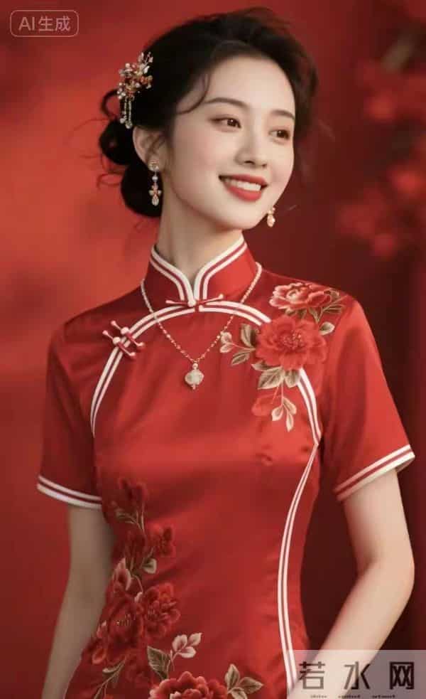 刺绣牡丹红色旗袍美女 国泰民安的脸庞自信微笑 落落大方玉美人