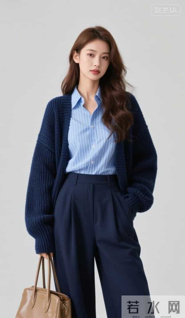 穿深蓝色毛衣的美女