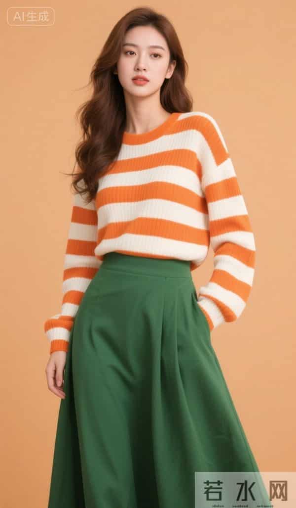 红白条纹衫与绿裙子