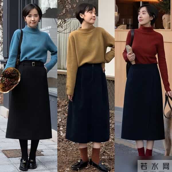 “毛衣+膝下裙”才是冬天正确的打开方式，实用好穿，适合小个子