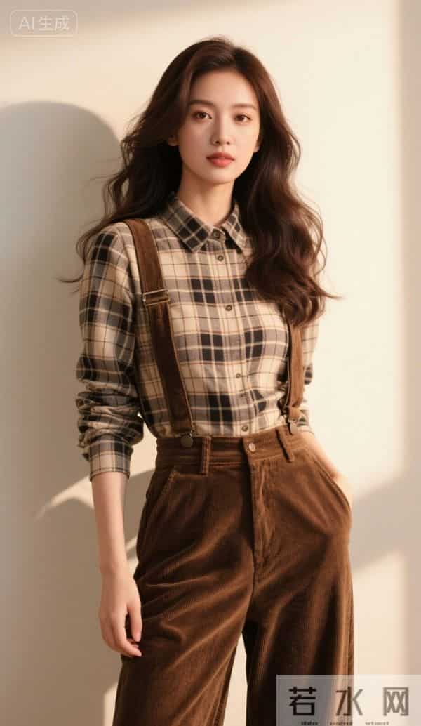 穿格衬衫与背带裤的美女