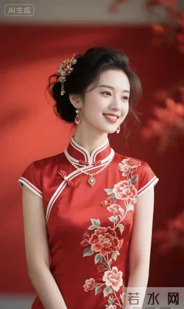 刺绣牡丹红色旗袍美女 国泰民安的脸庞自信微笑 落落大方玉美人