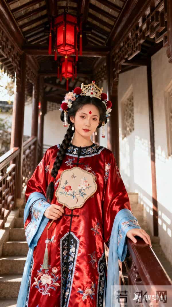 身着红色的精致古风衣裙，面料为华丽的丝质，缀有精致的刺绣