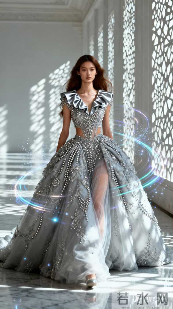 东方美女模特走秀，每个角度都会呈现出不一样的光影变幻 撞色金属