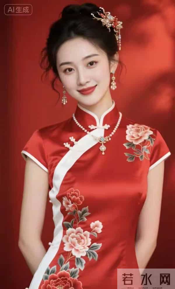 刺绣牡丹红色旗袍美女 国泰民安的脸庞自信微笑 落落大方玉美人