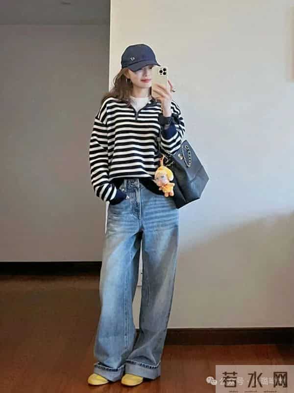 被问爆的“慵懒松弛感”！条纹半拉链衫+阔腿牛仔，显高又藏肉～