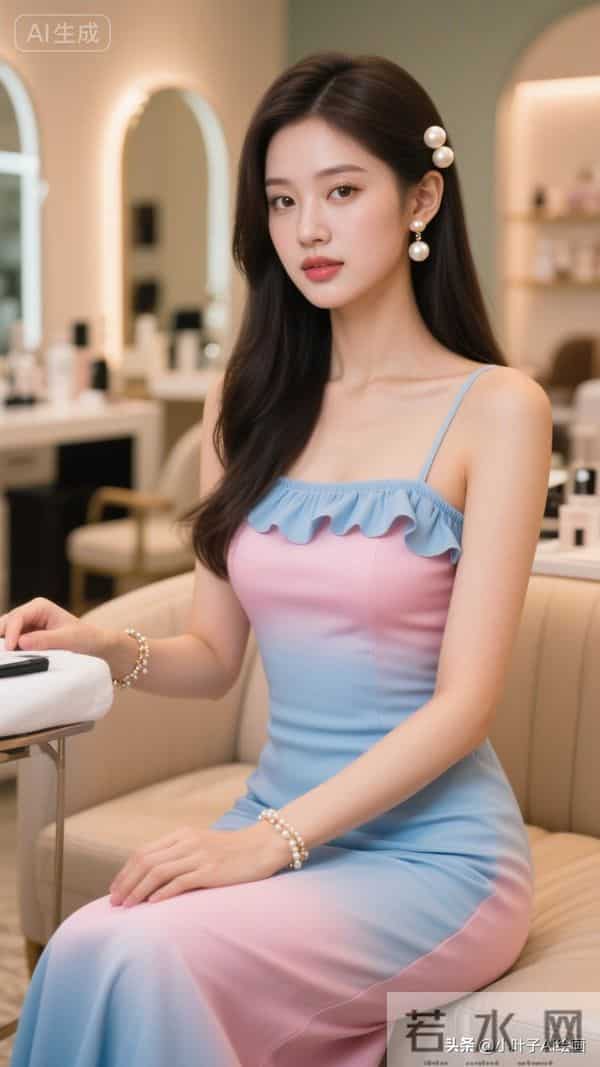 粉蓝渐变吊带裙，荷叶边配珍珠饰，柔甜撞色，是室内的优雅柔美感
