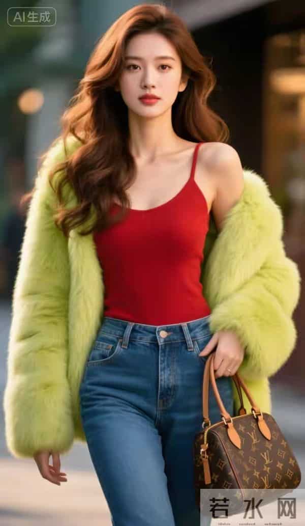 裘皮衣与牛仔裤美女