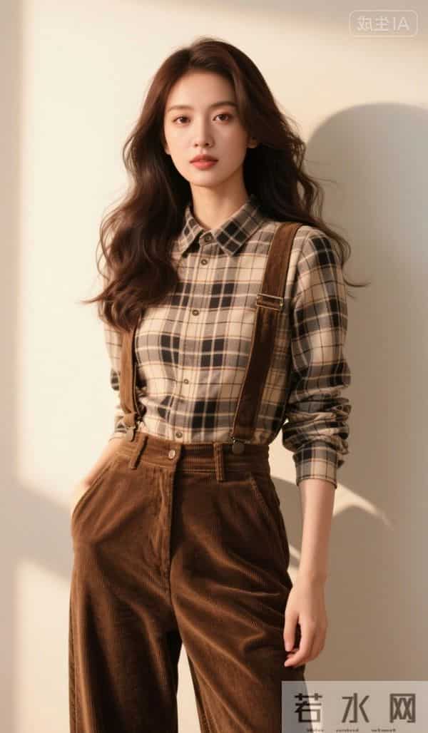 穿格衬衫与背带裤的美女