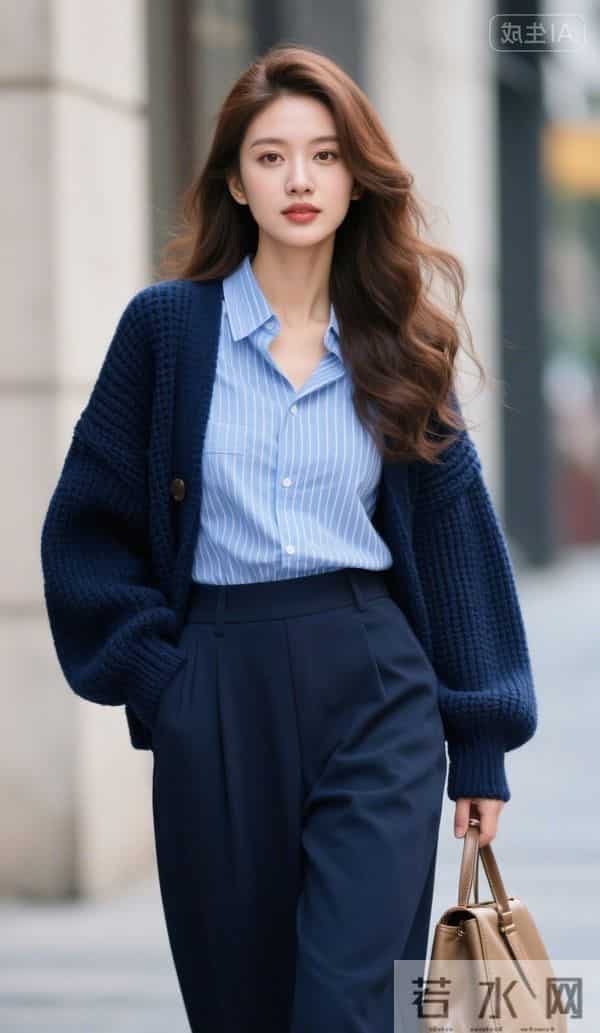 穿深蓝色毛衣的美女