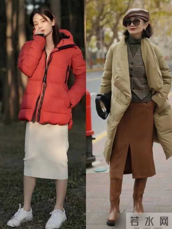 今冬火了一种穿法，“上半身羽绒服，下半身膝下裙”，时尚又暖和