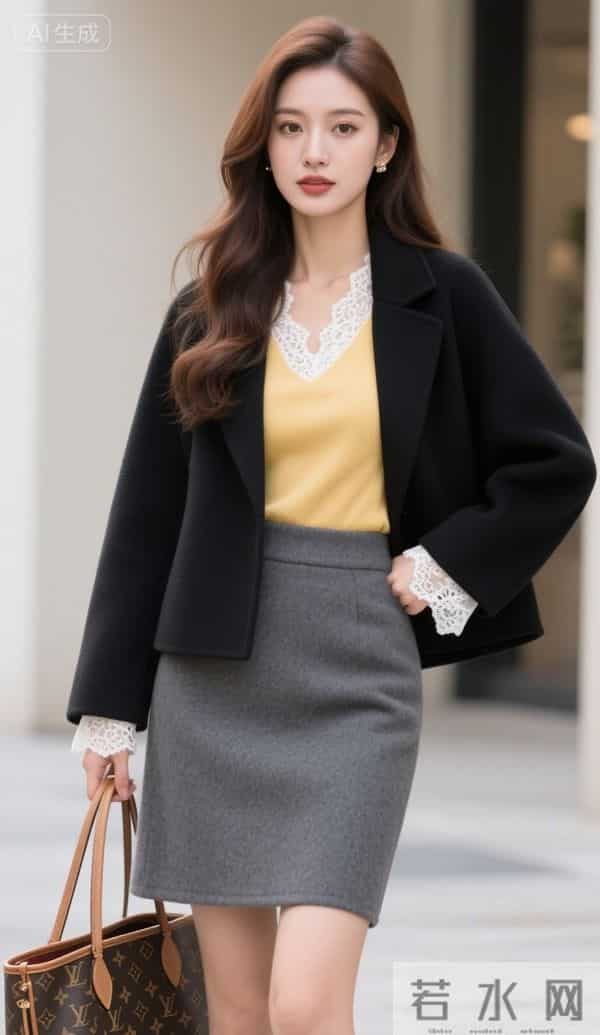 黑色夹克衫与灰色短裙