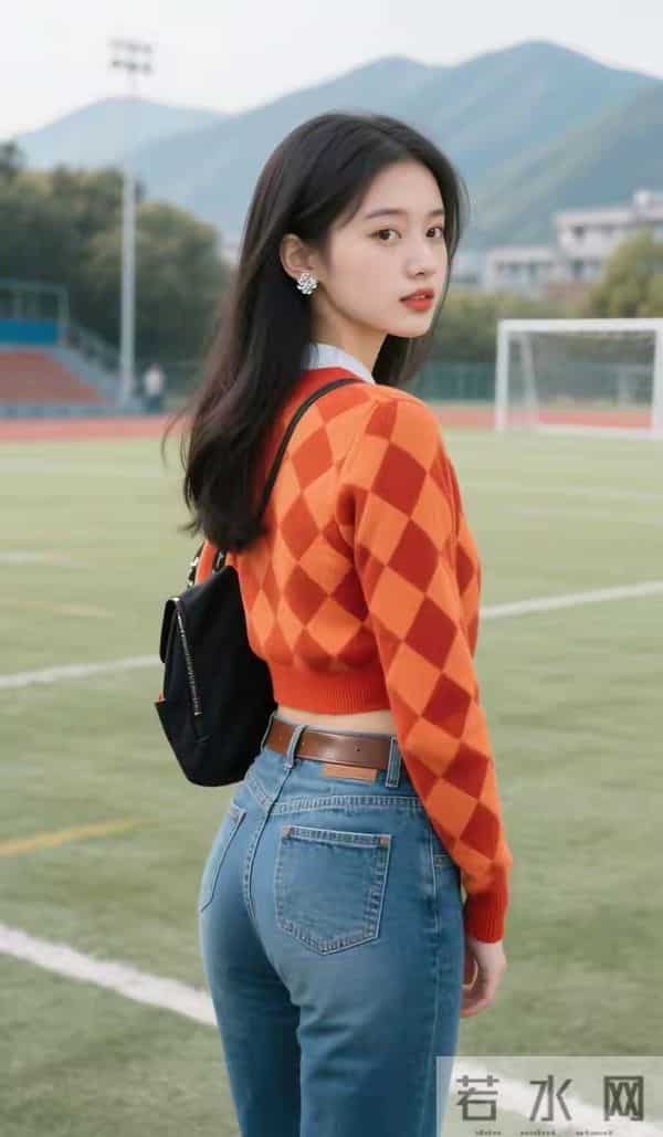 橙色格子毛衣与牛仔裤