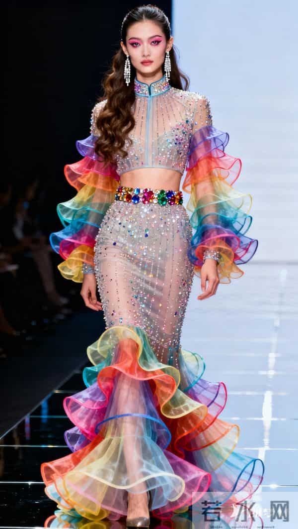 现代美人，T台之上，绝世容颜，半扎波浪长头发，白皮肤，桃花眼