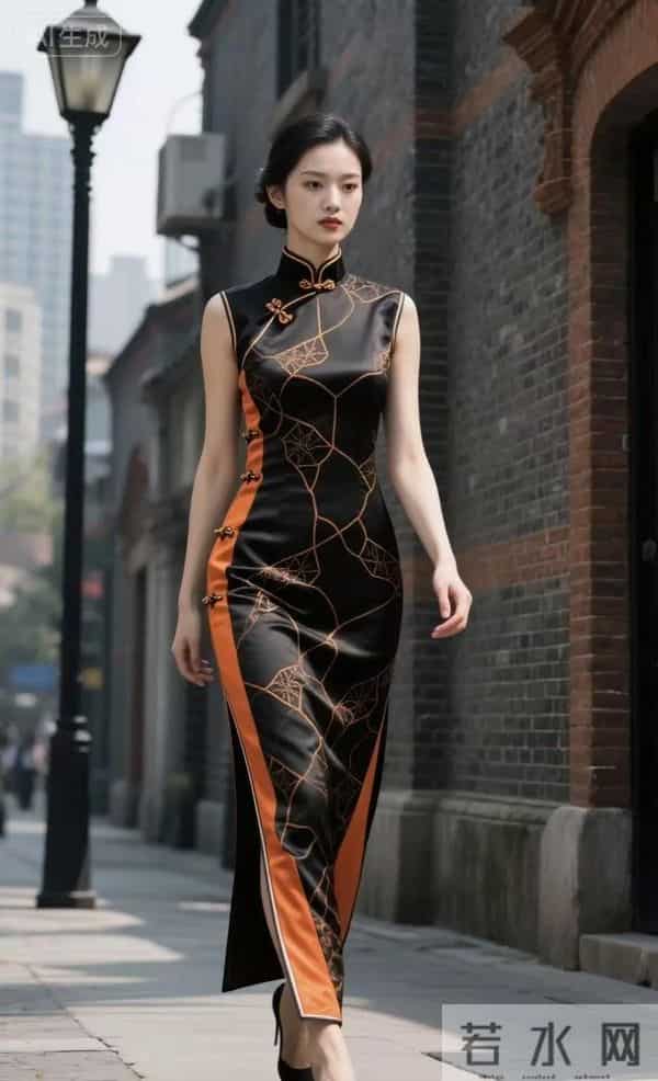 黑色为主色调旗袍 在古色古香街道 更有风味