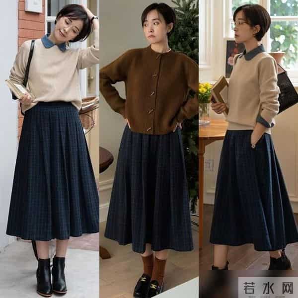 “毛衣+膝下裙”才是冬天正确的打开方式，实用好穿，适合小个子