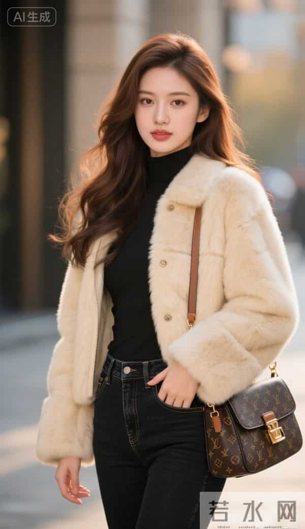 穿白色毛皮夹克的美女
