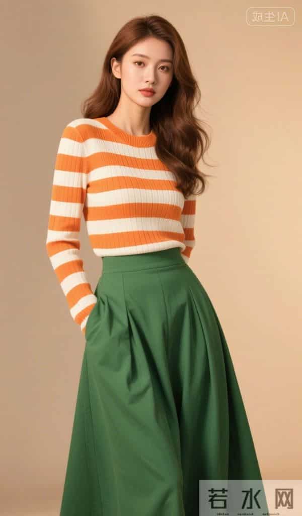 红白条纹衫与绿裙子