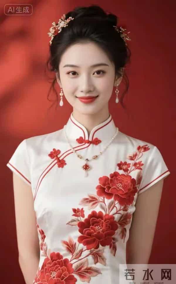 刺绣牡丹红色旗袍美女 国泰民安的脸庞自信微笑 落落大方玉美人