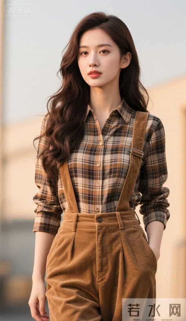穿格衬衫与背带裤的美女