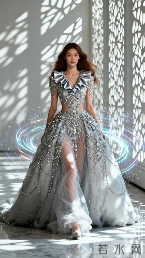 东方美女模特走秀，每个角度都会呈现出不一样的光影变幻 撞色金属