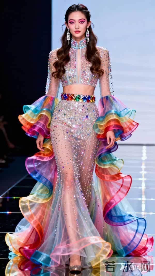 现代美人，T台之上，绝世容颜，半扎波浪长头发，白皮肤，桃花眼