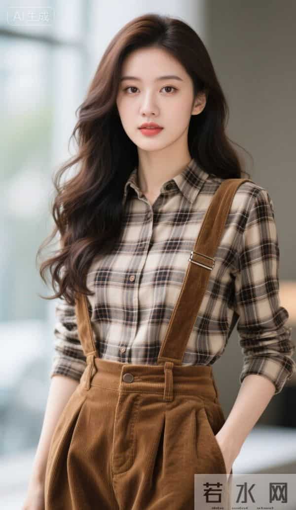穿格衬衫与背带裤的美女