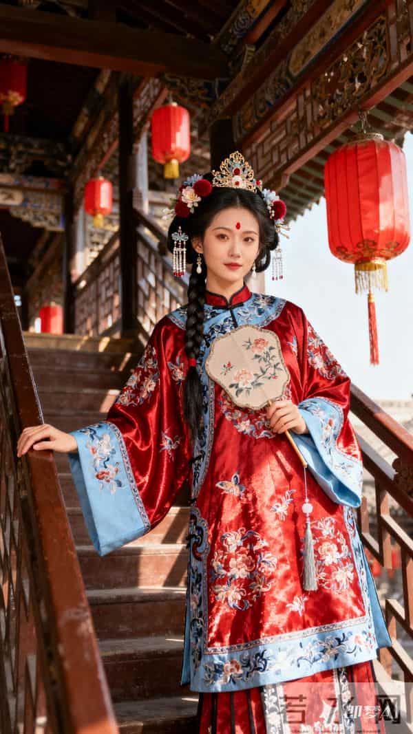 身着红色的精致古风衣裙，面料为华丽的丝质，缀有精致的刺绣