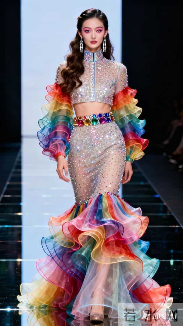 现代美人，T台之上，绝世容颜，半扎波浪长头发，白皮肤，桃花眼