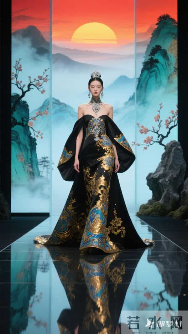 T台走秀，美女模特，中西结合大礼服，立体裁剪，廓形宽松