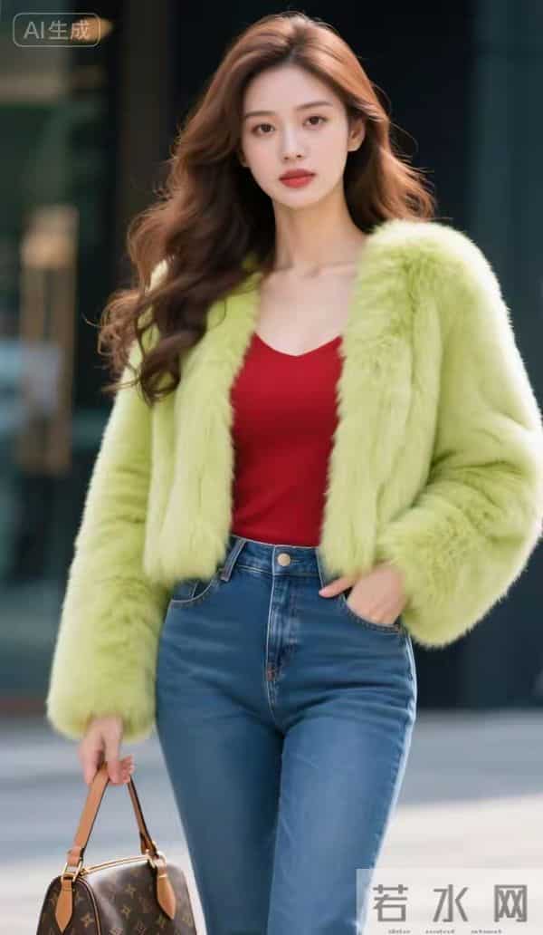 裘皮衣与牛仔裤美女