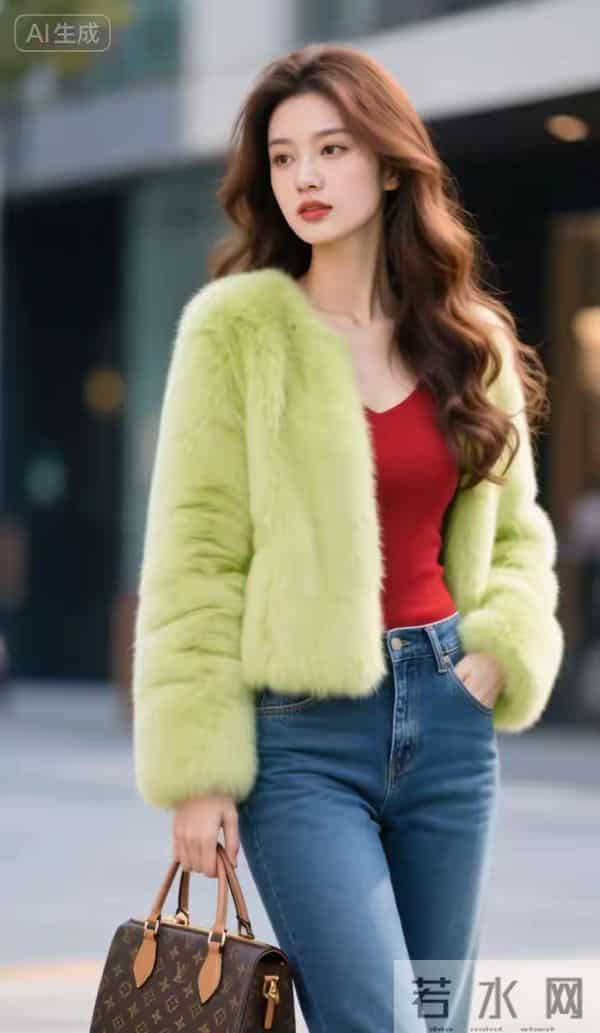 裘皮衣与牛仔裤美女