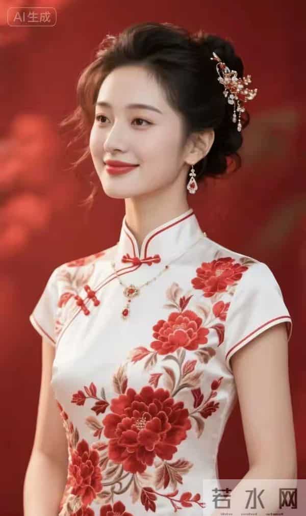 刺绣牡丹红色旗袍美女 国泰民安的脸庞自信微笑 落落大方玉美人