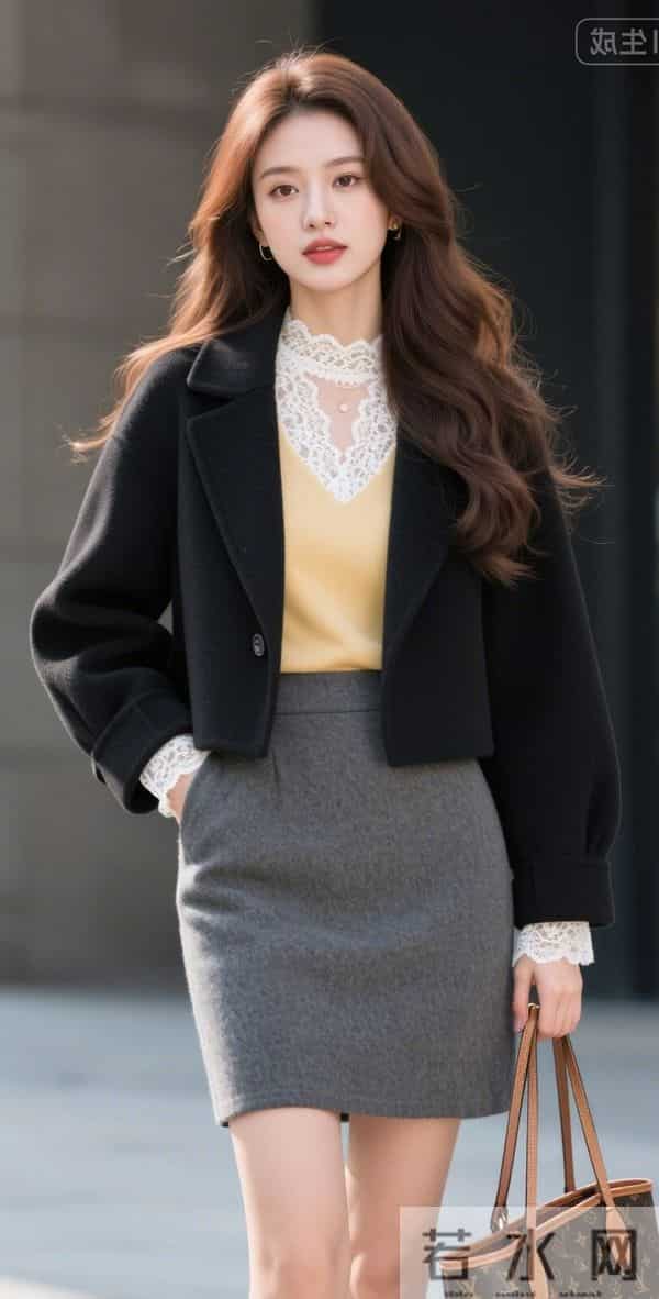 黑色夹克衫与灰色短裙