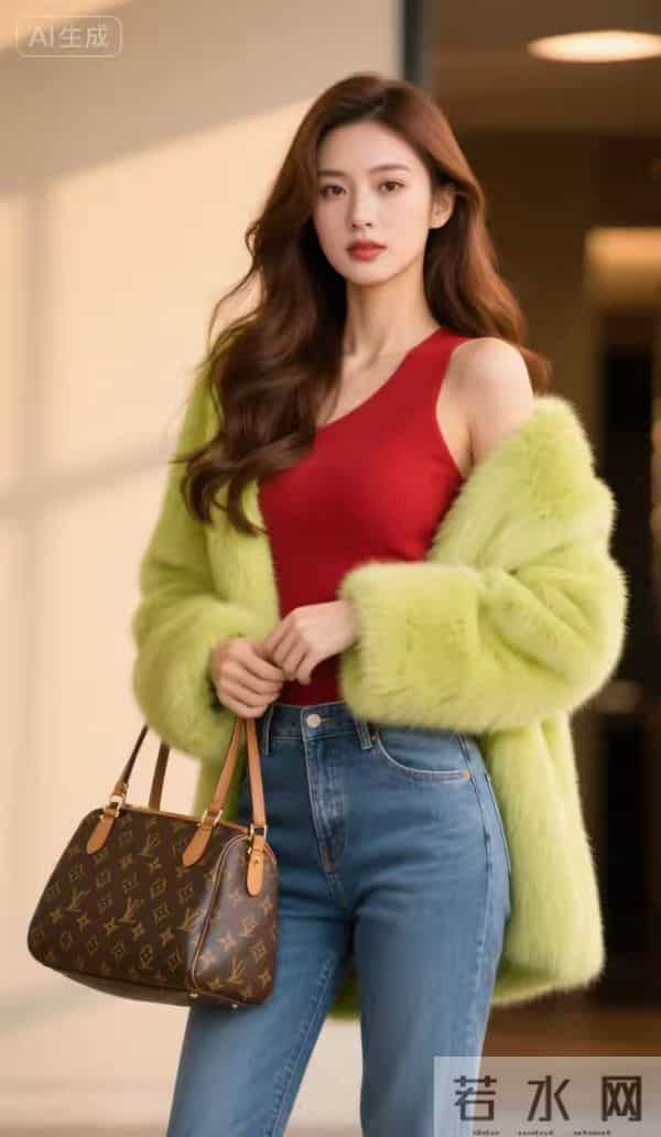 裘皮衣与牛仔裤美女