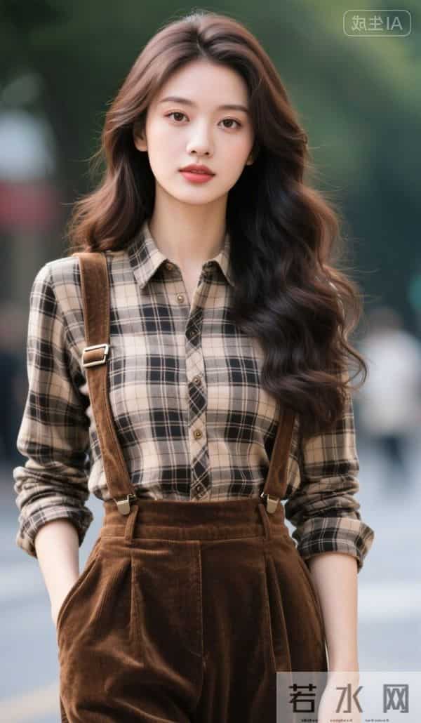 穿格衬衫与背带裤的美女