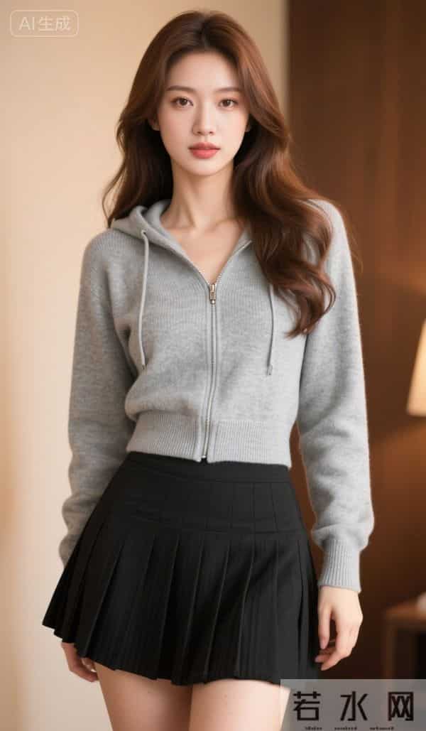 灰色兜帽衫与黑色短裙