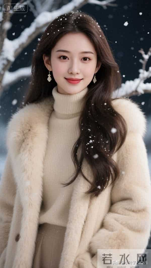 米白毛绒大衣裹高领针织，配流苏耳饰，是冬夜的温柔暖意。