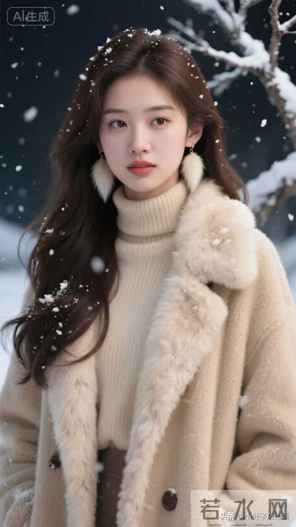 米白毛绒大衣裹高领针织，配流苏耳饰，是冬夜的温柔暖意。