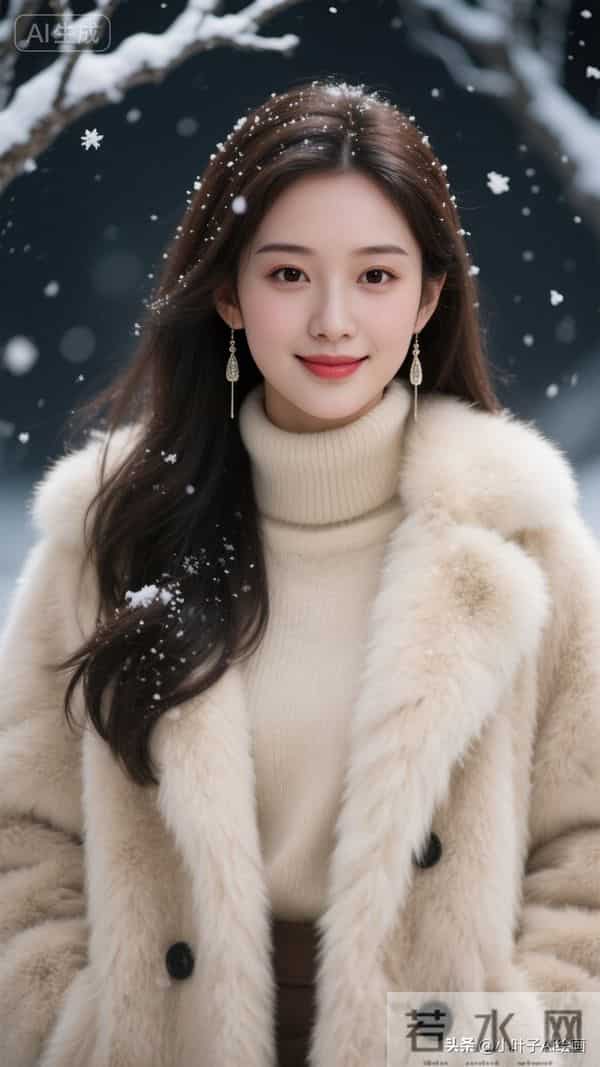 米白毛绒大衣裹高领针织，配流苏耳饰，是冬夜的温柔暖意。