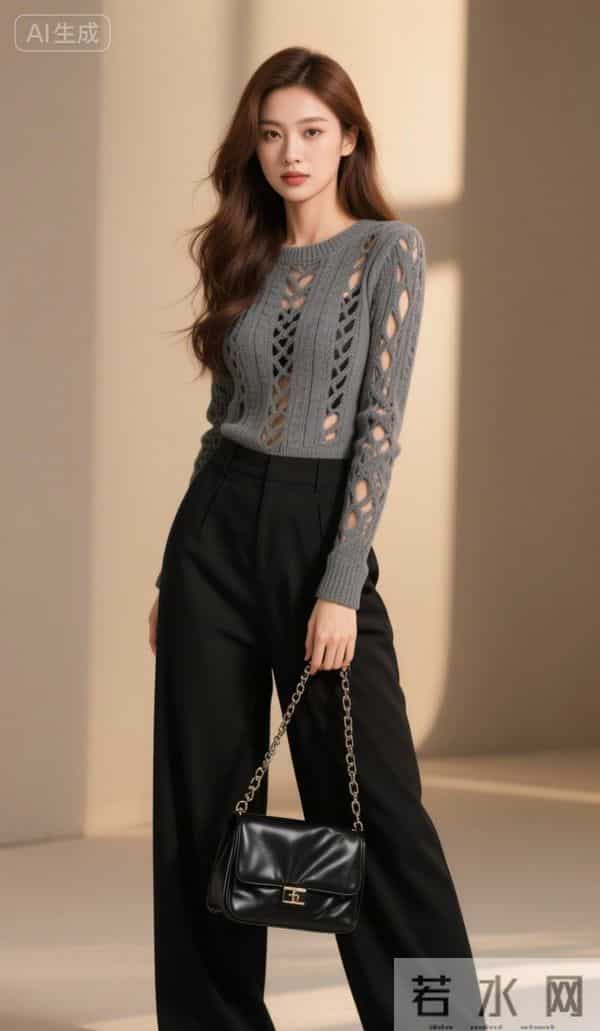 穿灰色镂空毛衣的美女