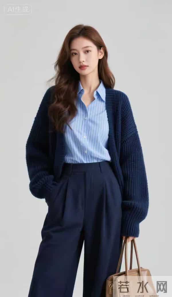 深蓝色毛衣的美女