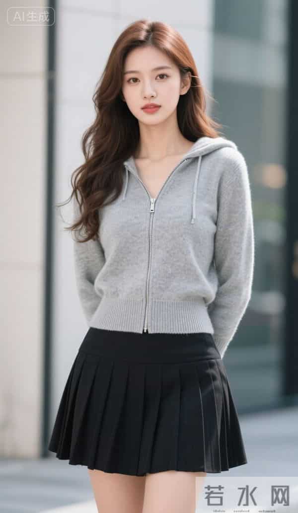 灰色兜帽衫与黑色短裙