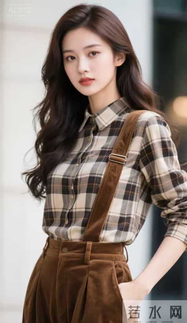 格衬衫与背带裤的美女