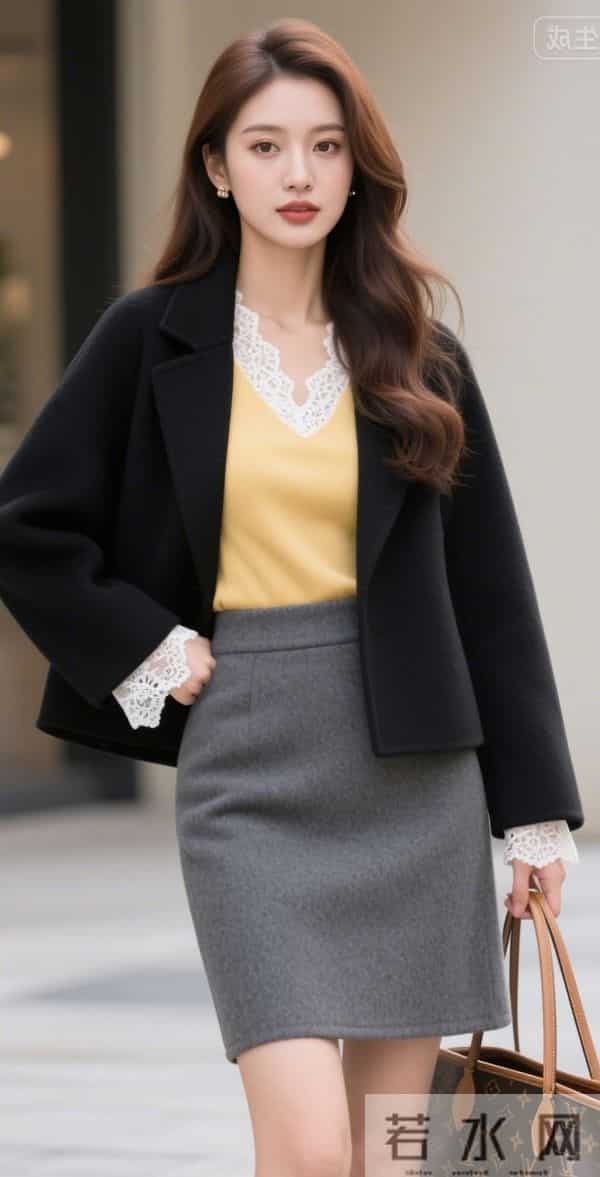 黑色夹克衫与灰色短裙