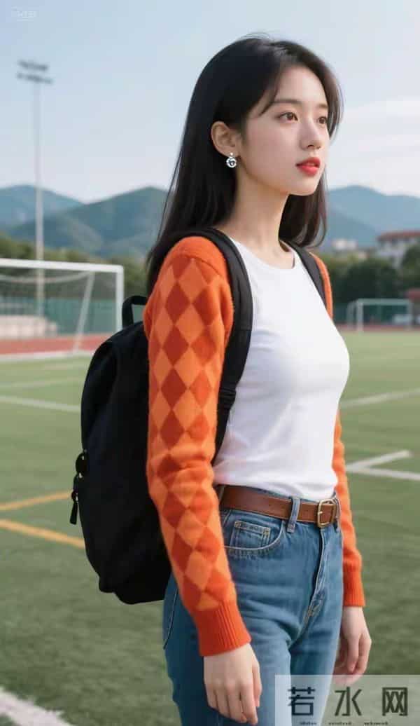 橙色格子毛衣与牛仔裤