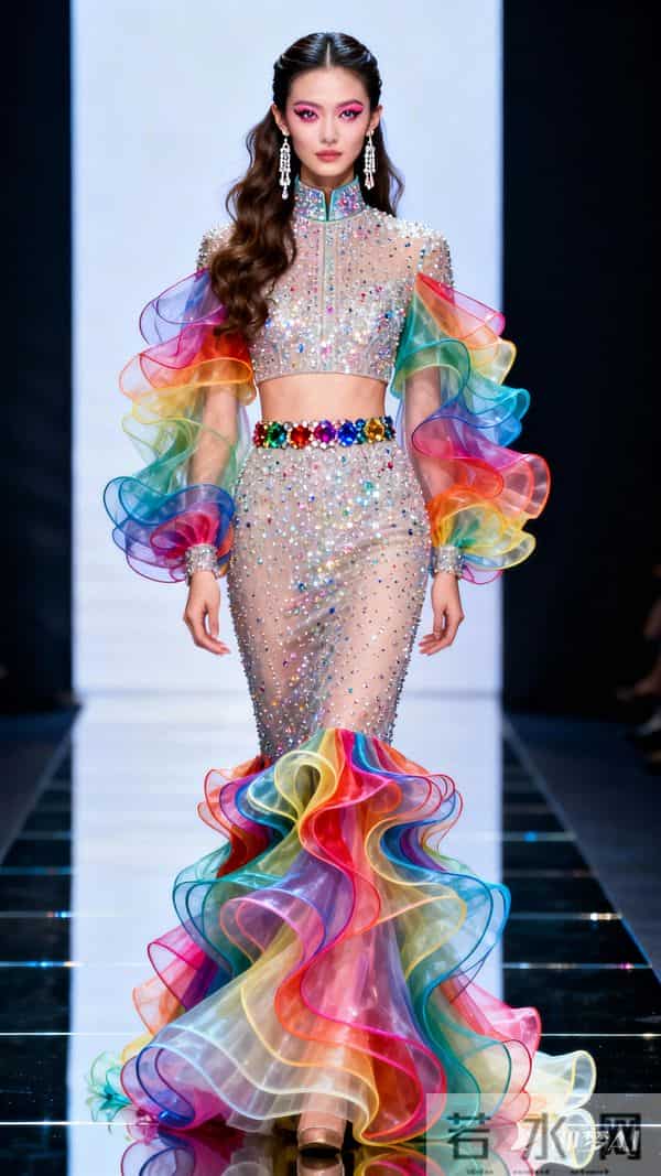 现代美人，T台之上，绝世容颜，半扎波浪长头发，白皮肤，桃花眼