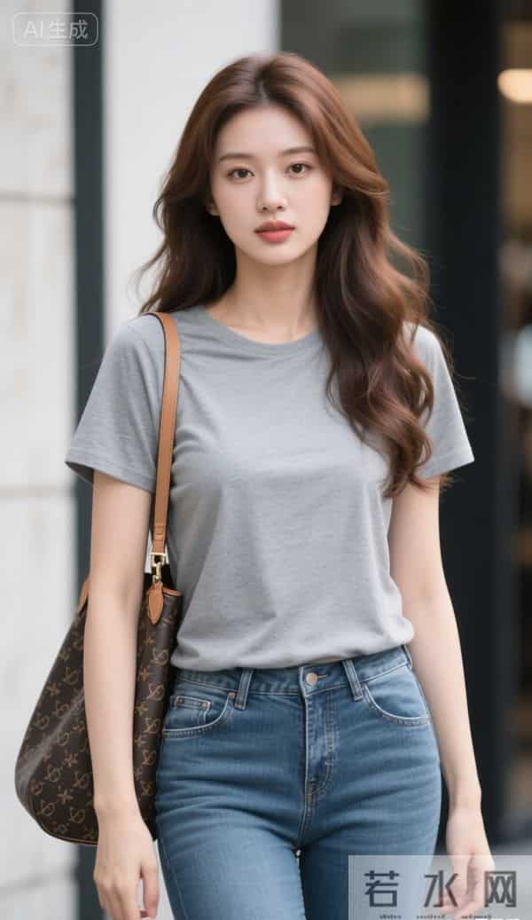 穿灰色T恤衫与牛仔裤的美女