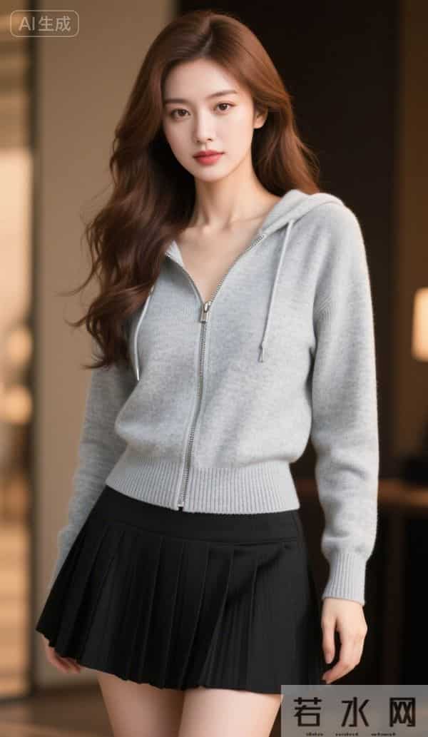 灰色兜帽衫与黑色短裙